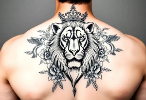 powerful majestic lion with a crown, surrounded by floral ornaments and birds tattoo idea