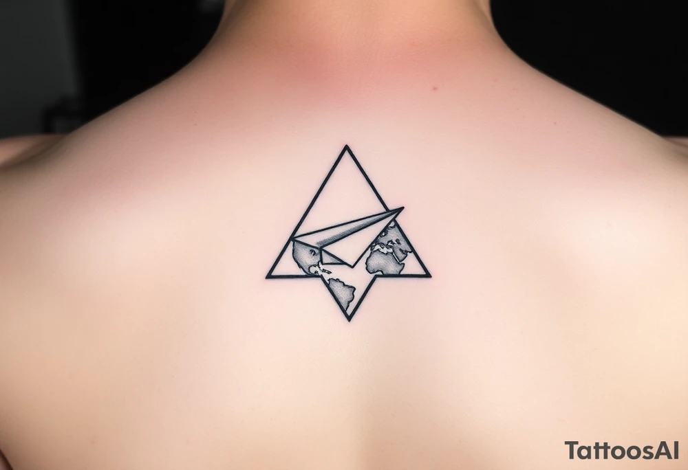Small geometric triangle with a geometric paper plane flying around the world with fine thin lines tattoo idea