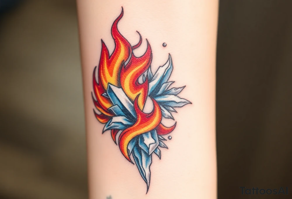 A flame engulfing one side, with rich reds, oranges, and yellows, burning fiercely, while the other side is overtaken by ice, in shades of blue, white, and silver, with frost creeping up and freezing the flames, symbolizing the eternal clash between warmth and cold. tattoo idea