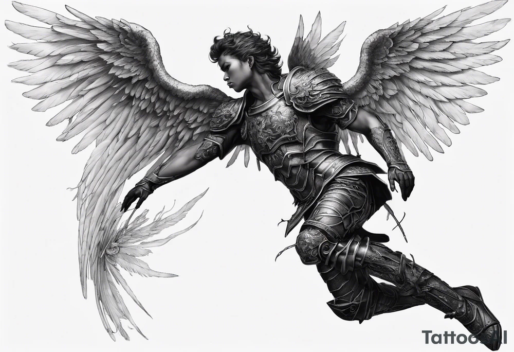 Side view of an black angel wearing inorganic armor that is in mid-air ready to attack tattoo idea