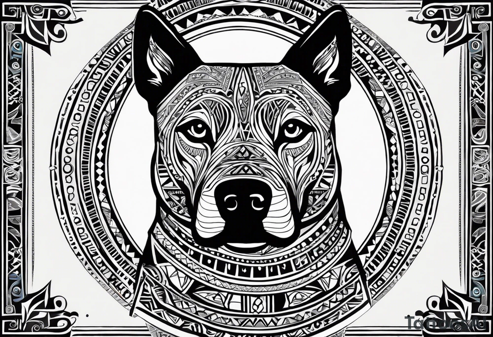 {
  "prompt": "Create a detailed tribal-style image of a dog for the back of a deck of cards. The dog should be depicted symmetrically, with intricate patterns made of bold lines and geometric shapes. Incorporate traditional tribal art elements, such as swirling motifs, detailed ornamentation, and dynamic, flowing lines to convey strength and mysticism. Ensure the overall composition is balanced and centered. The background should be simple, allowing the intricate design of the dog to stand out prominently and create a visually striking, powerful, and elegant design.",
  "size": "1024x1024"
} tattoo idea