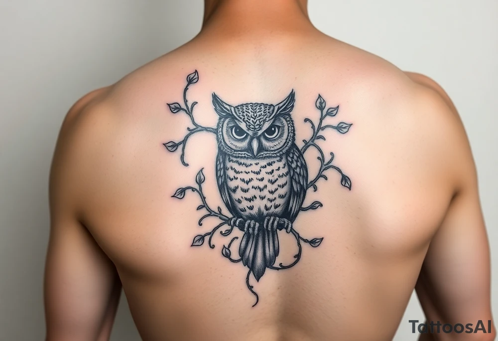 Vine wrapped around owl to where you can barely see the owl 333 in vine tattoo idea