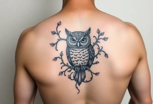 Vine wrapped around owl to where you can barely see the owl 333 in vine tattoo idea