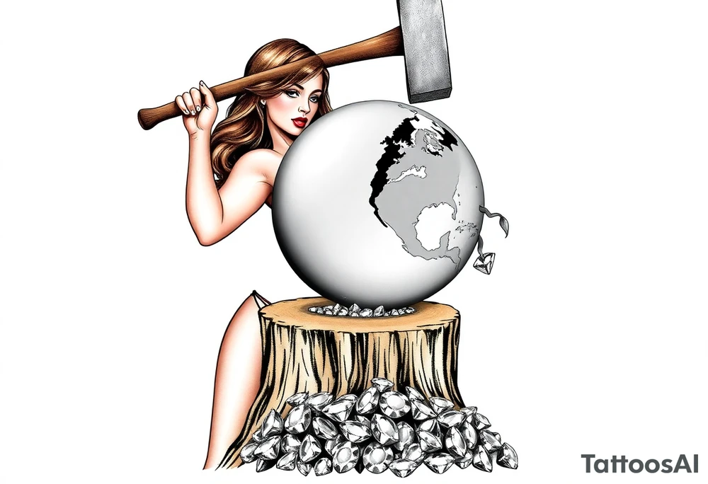 a very beautiful pin up girl, the pin up girl has her breasts nude with nipples exposed and in view, the pin up girl is wearing a g string, the pin up girl is swinging a large mallet overhead, the motion of swinging resembles an ax chopping wood, the mallet she is swinging is making contact with a earth globe, the earth globe is on top of a tree stump, the earth globe is half of the size of the diameter of the top surface of the tree stump, the earth globe is being squashed and compressed between the mallet and the trees stump, there is a pile of diamonds at the base of the tree stump, the idea is that the mallet is compressing the earth globe and the product is the diamonds that have fallen below, the idea is that the pin up girl if very beautiful, the idea is that pressure makes diamonds tattoo idea