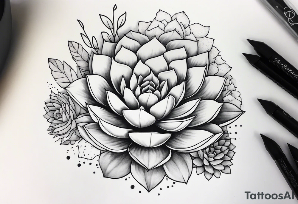 fine line. one big succulent in the middle. One smaller succulents on each side. Dots and floral
. Sternum tattoo grey scale shading tattoo idea