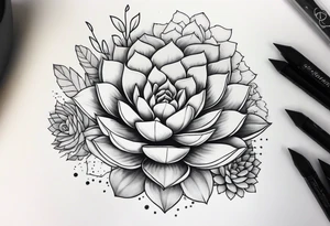 fine line. one big succulent in the middle. One smaller succulents on each side. Dots and floral
. Sternum tattoo grey scale shading tattoo idea