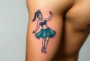 Full body hula girl dancing with a teal grass skirt and a purple top tattoo idea