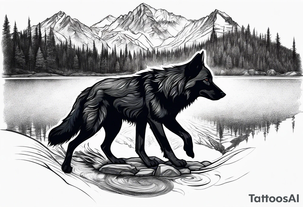Create a tattoo of a black wolf with mountain/lake tattoo idea