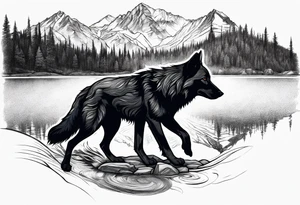Create a tattoo of a black wolf with mountain/lake tattoo idea