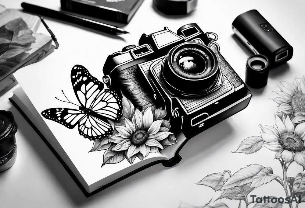 Butterfly, sunflower, camera, book, flower rose tattoo idea Butterfly, sunflower, camera, book, flower rose tattoo idea
