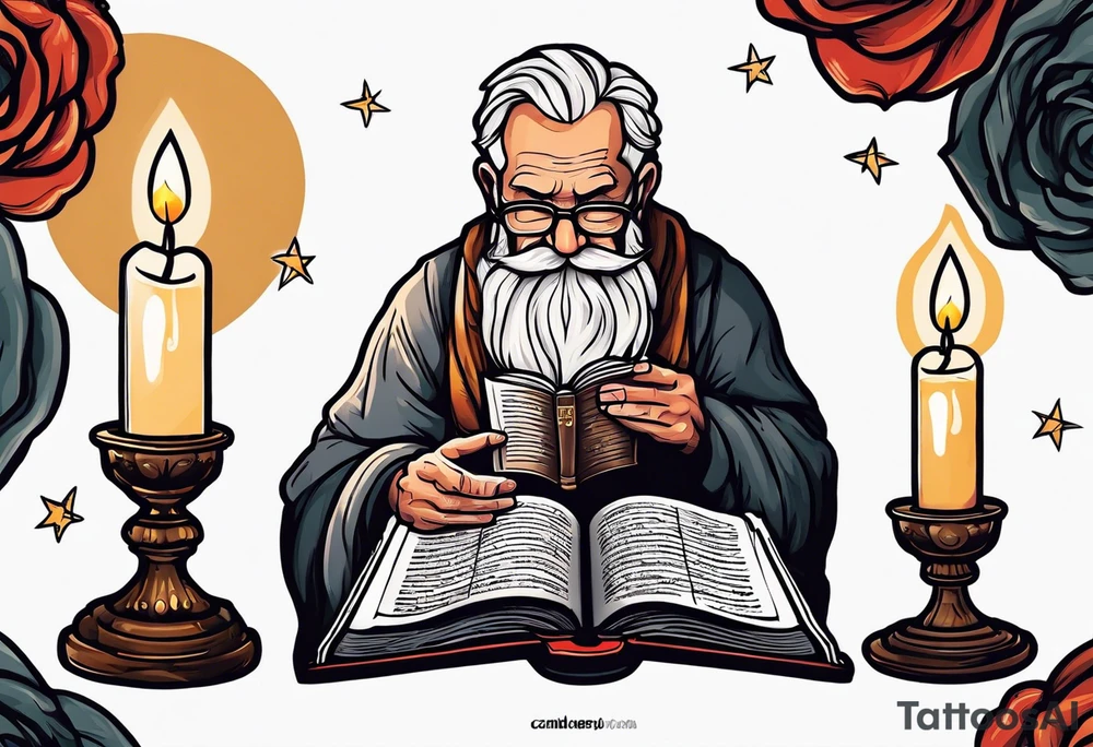 old man reading a holy bible by candle light tattoo idea