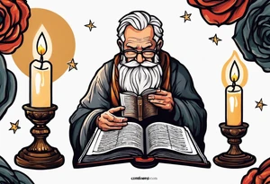 old man reading a holy bible by candle light tattoo idea