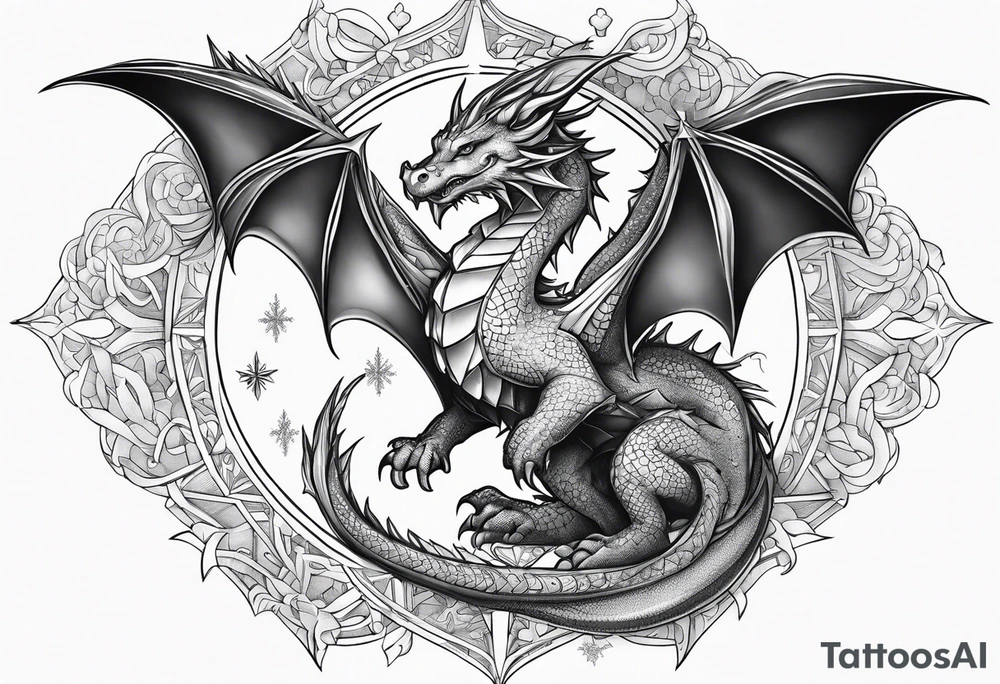 dragon cute , celestial, cross, snowflake tattoo idea