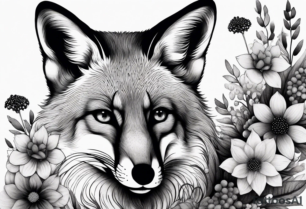 fox, realistic, face, flowers tattoo idea