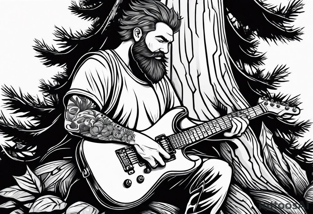 a cartoon drawing of a man sitting in a pine tree playing electric guitrar tattoo idea