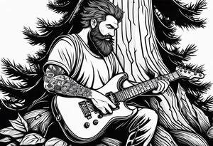 a cartoon drawing of a man sitting in a pine tree playing electric guitrar tattoo idea