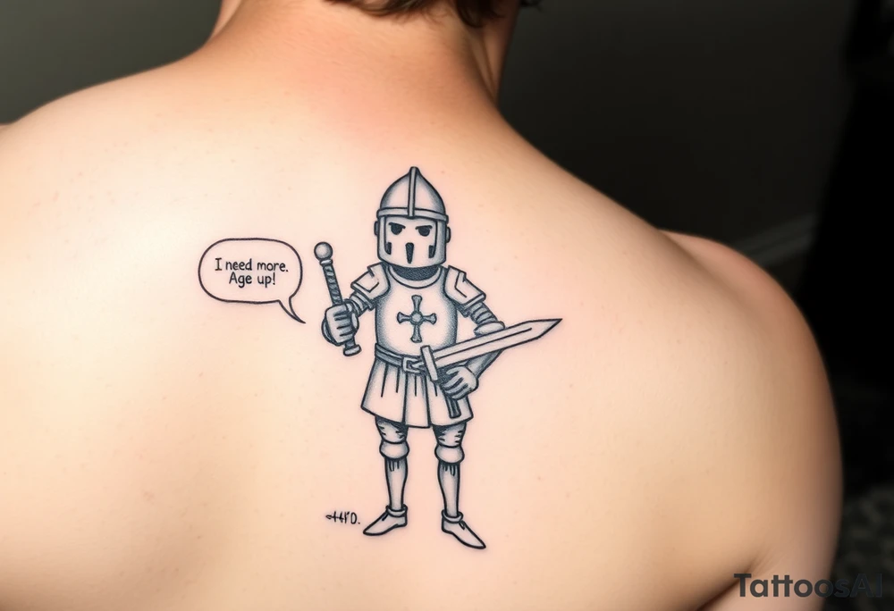 "Blackwork or sketch-style tattoo of a funny medieval knight inspired by Age of Empires IV, standing proudly with a wooden sword and wearing a slightly oversized helmet. The knight looks confused or silly. Add a speech bubble saying 'I need more food!' or 'Age up!' Include small game-inspired icons like a sheep, gold pile, or a Town Center in the background. Humorous tone, drawn in hand-sketched or rough ink style. Designed for shoulder placement." tattoo idea