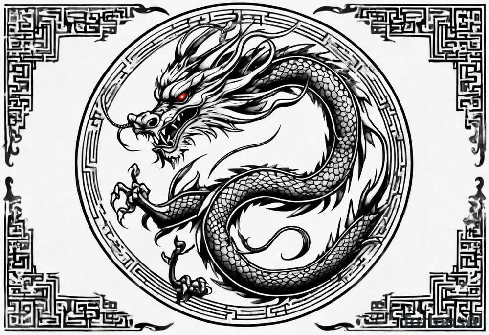 Chinese dragon in a circular shape with "02.03" written on its skin tattoo idea