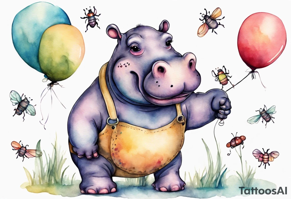 Whimsical tattoo of a hippo holding a balloon with a bug on it. Colorful and cute tattoo idea