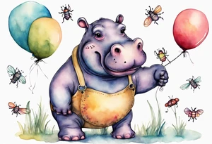 Whimsical tattoo of a hippo holding a balloon with a bug on it. Colorful and cute tattoo idea