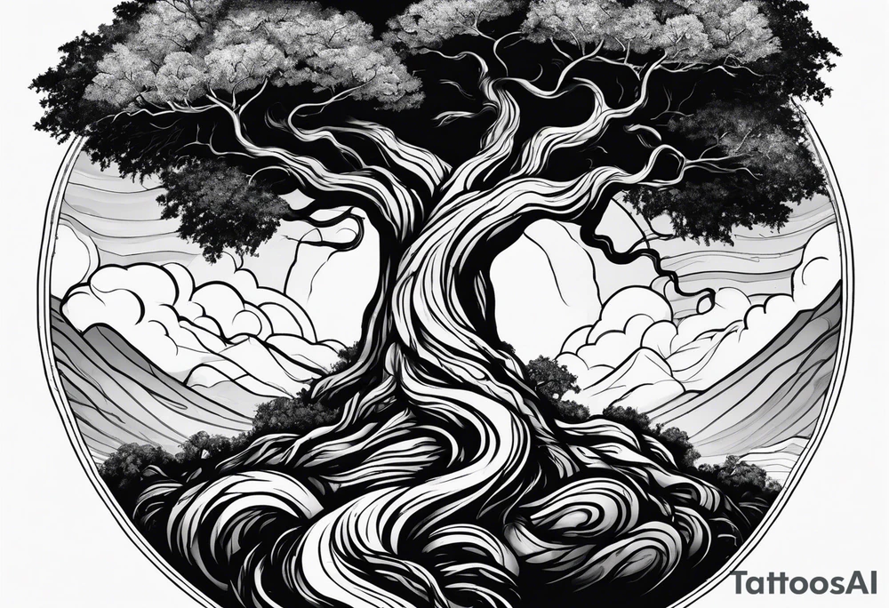 A tree reaching the sky with the roots reaching hell, having a snake around it. All based on Carl Jung ideas. tattoo idea