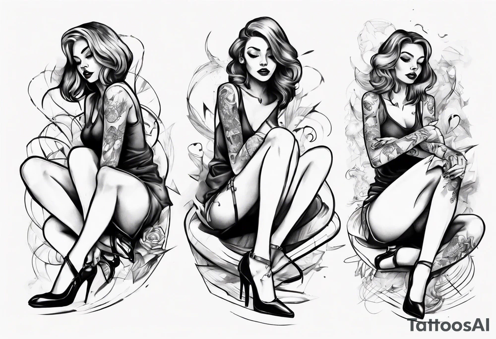 A girl in heels sits on the floor, leaning on her feet, with two legs wide open tattoo idea