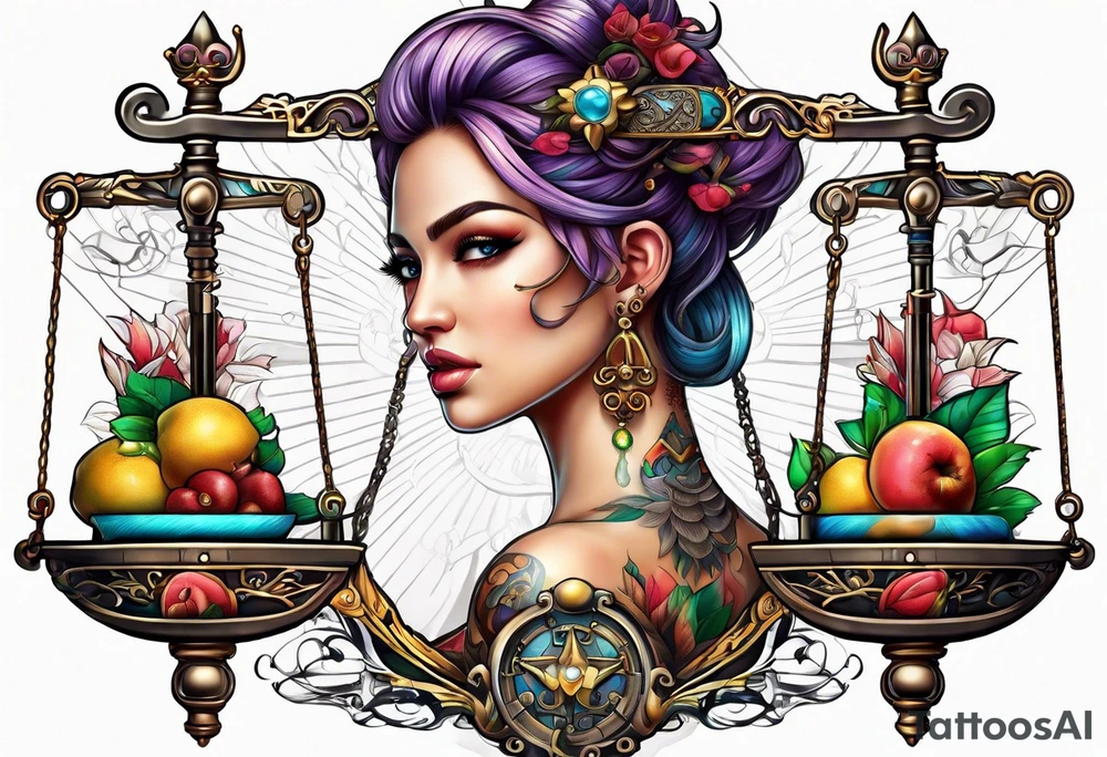 Intricate libra scales held by a beautiful woman tattoo idea