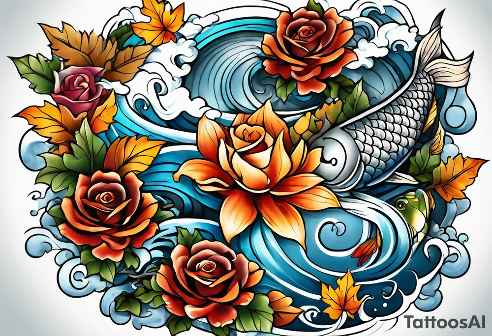 thigh tattoo with fall colors showing, leaves, koi fish, small flowers, roses, water flow, and sky tattoo idea