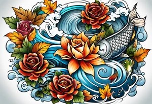 thigh tattoo with fall colors showing, leaves, koi fish, small flowers, roses, water flow, and sky tattoo idea