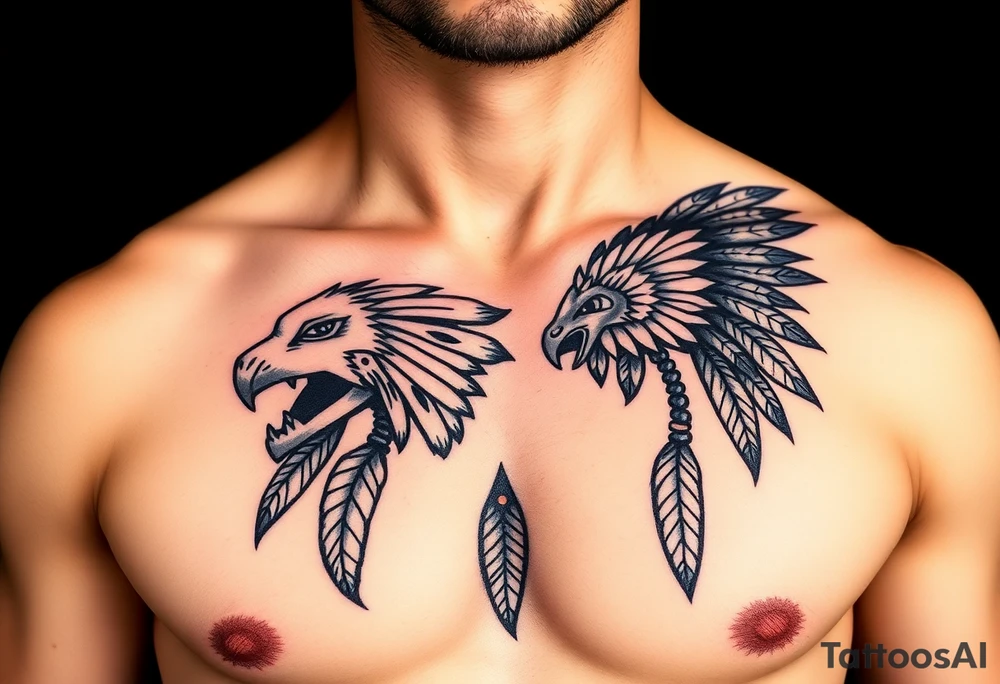 Native American chest color male left peck tattoo idea