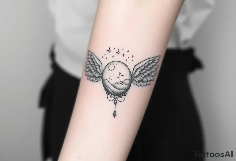 Night sky with constellation, stars & moon seen from a frame of natural landscape angel wings spiritual tattoo idea