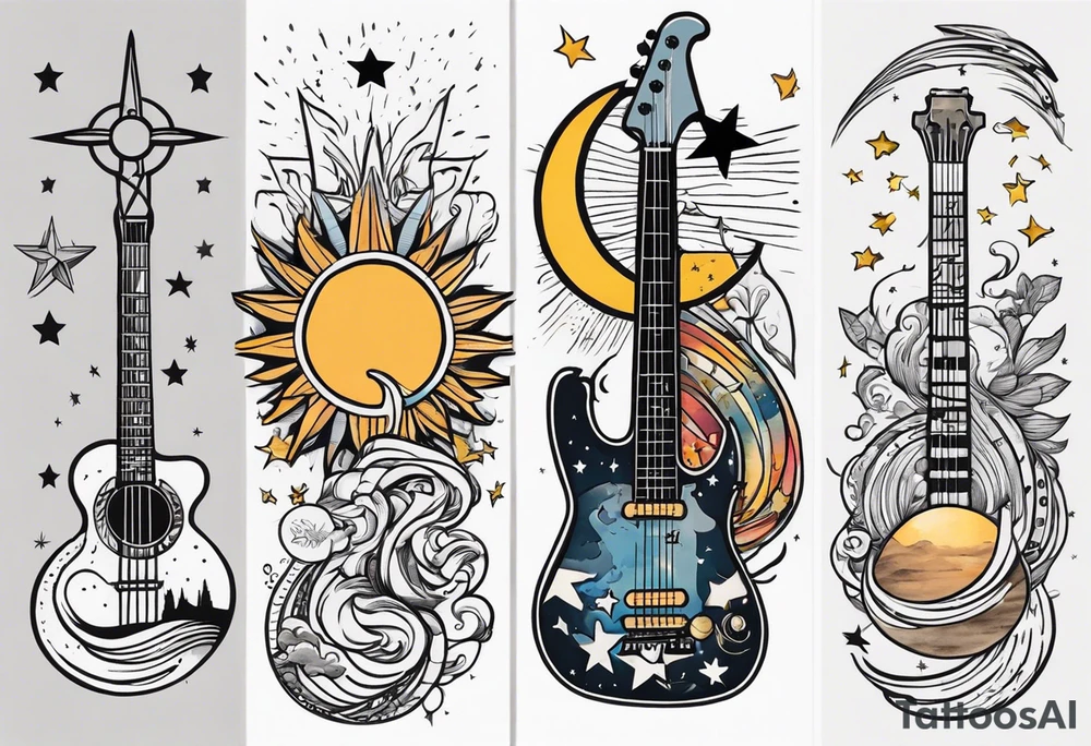 Collage for full left arm sleeve with:
a sun with a quarter moon,
2 stars,
bass guitar,
caduceus symbol tattoo idea