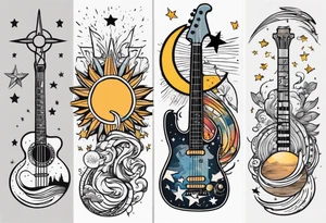 Collage for full left arm sleeve with:
a sun with a quarter moon, 
2 stars,
bass guitar, 
caduceus symbol tattoo idea