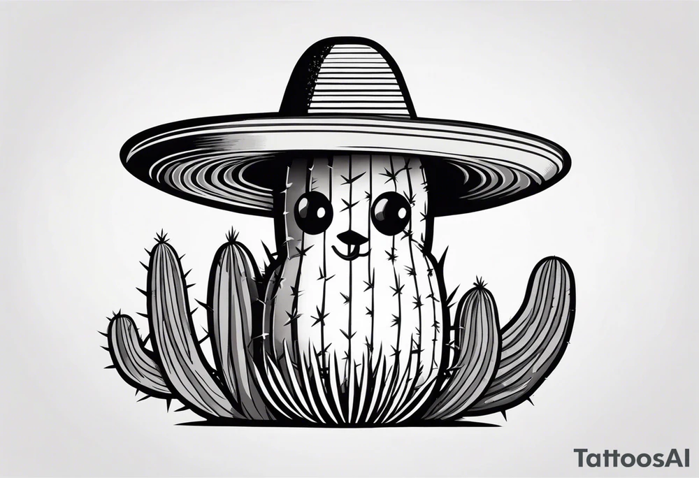 Cactus wearing a sombrero black and grey tattoo idea
