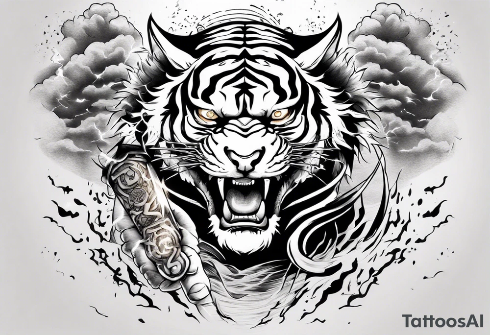 Tiger warrior with lightning and the sun for a forearm sleeve tattoo idea