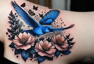 Rocky mountains with mountain blue birds and monarch butterflies with wild prairie roses  for a half sleeve tattoo idea
