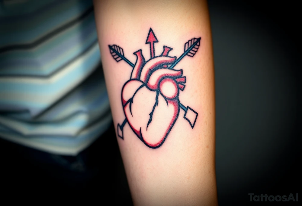 anatomical heart pierced by ornate arrow with flowing ribbons tattoo idea