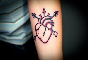 anatomical heart pierced by ornate arrow with flowing ribbons tattoo idea