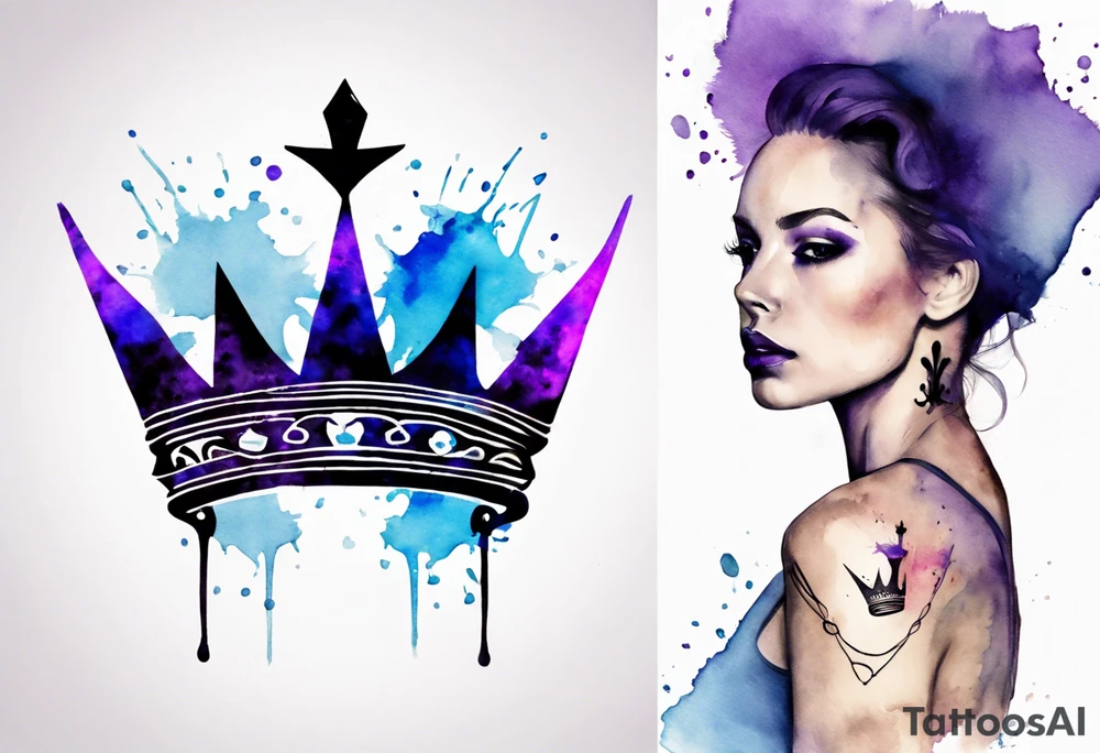 A tattoo of a minimalistic black crown and some negative space on a water color background of purple and blue. tattoo idea
