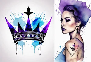 A tattoo of a minimalistic black crown and some negative space on a water color background of purple and blue. tattoo idea