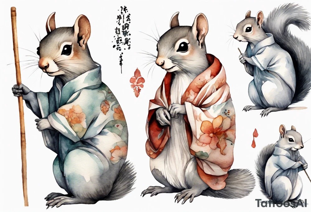 a sad grey squirrel dressed in a tunic holding a large shimmering stick tattoo idea