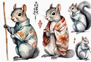 a sad grey squirrel dressed in a tunic holding a large shimmering stick tattoo idea