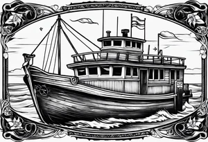A simple vintage fishing boat tattoo idea