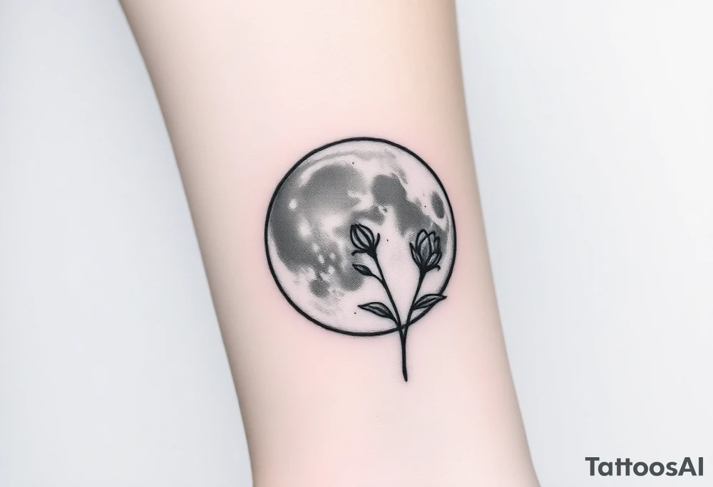 Small black and white tattoo full moon with small chrysanthemum birth flower AND tiny scorpio gliph inside moon tattoo idea