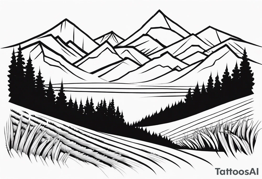 negative blackwork with mountains, hills and wheat field at bottom tattoo idea