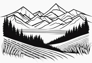 negative blackwork with mountains, hills and wheat field at bottom tattoo idea