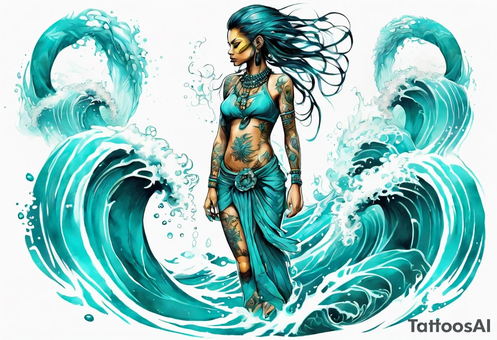 a turquoise Na'vi woman standing in the sea with water for legs surrounded by crashing waves tattoo idea
