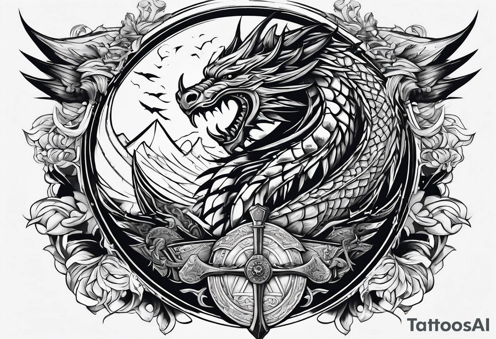 Valhalla sword shield dragon axe viking 
ship tattoo idea