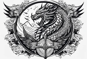 Valhalla sword shield dragon axe viking 
ship tattoo idea