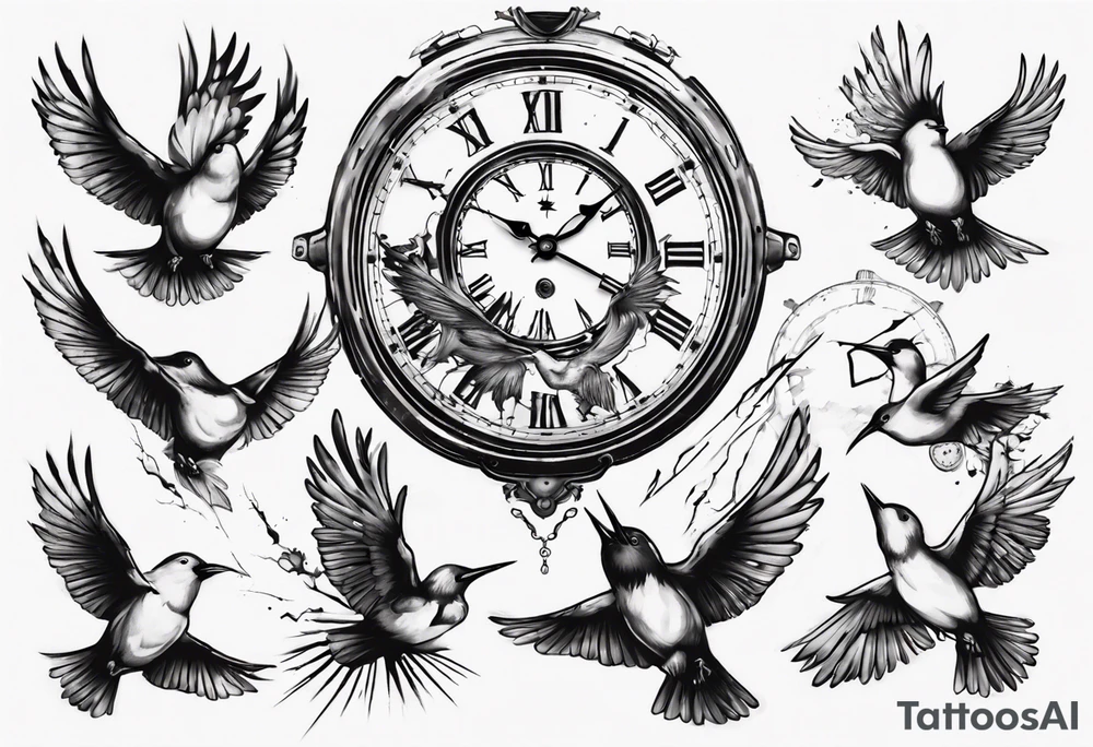 clock explodes into birds tattoo idea